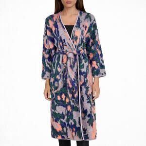 Tanya Taylor Merino Wool Printed Belted Long Duster Coat Cardigan Purple XL